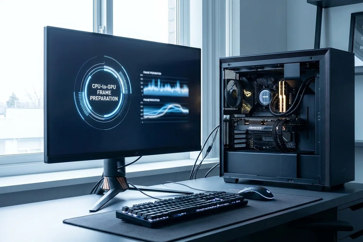 Gaming PC and monitor displaying a 1080p performance graph