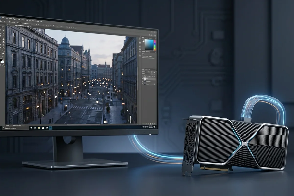 Graphics card connected to a monitor displaying a detailed game scene