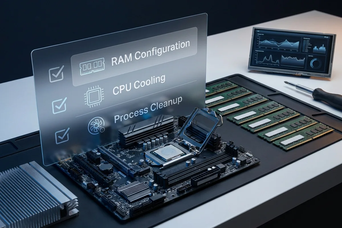 Motherboard and processor beside a CPU troubleshooting checklist