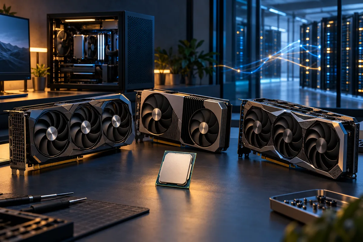 Modern desktop CPU and graphics cards beside a local AI workstation connected to external servers