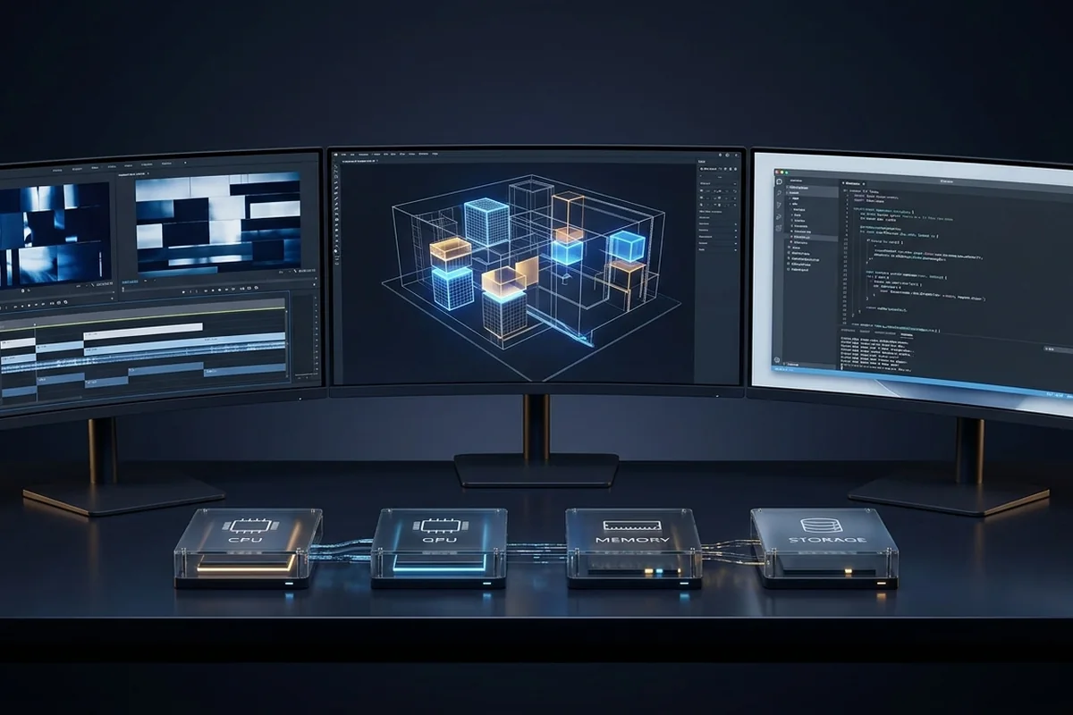 Workstation monitors showing video editing, 3D graphics and code
