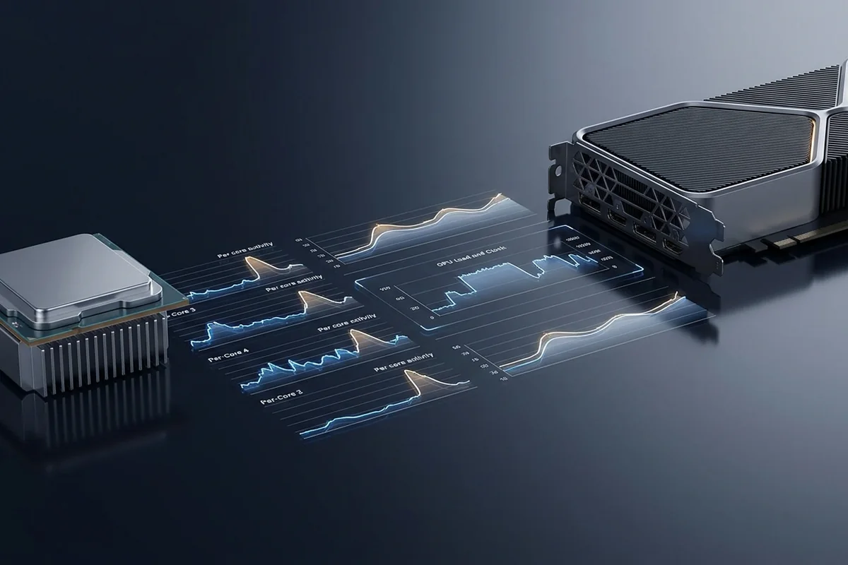 Processor and graphics card connected by CPU and GPU utilization traces