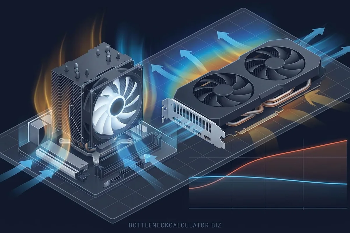 CPU cooler and graphics card with cool and hot airflow paths