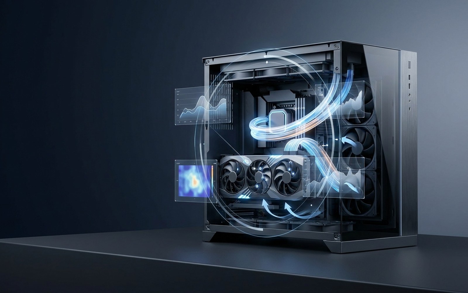 Open desktop PC with CPU, graphics card and performance data visualized